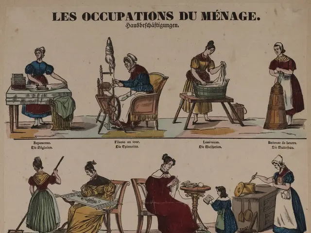 The image shows a poster depicting the occupations of men and women in the 19th century. It...