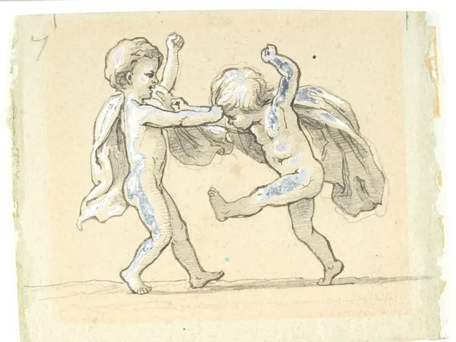 The image shows a drawing of two children playing with each other on a piece of paper. The children...
