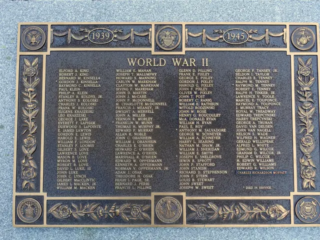 The image shows a plaque on the side of a building that reads "World War II". The plaque is made of...