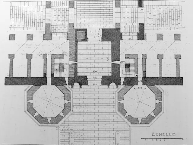 The image shows a black and white drawing of a floor plan of a building with a lot of windows,...