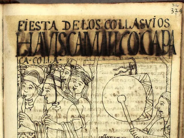 The image shows an open book with a drawing of a group of people on it. The book is titled "Fiesta...