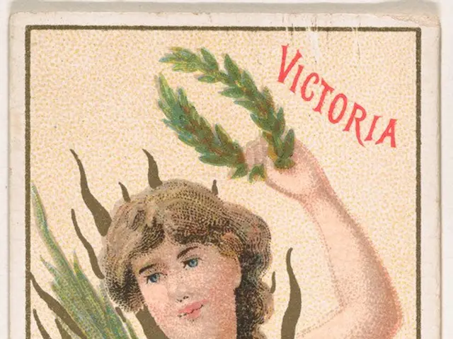 The image shows a woman holding a bunch of leaves in her hand, with the words "Goddess of Victory"...