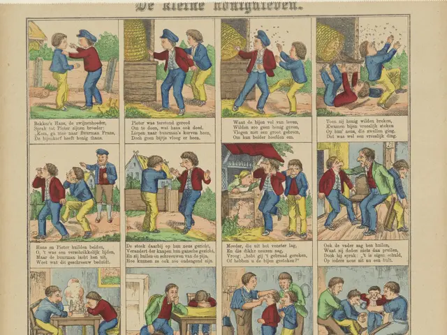 The image shows an open book with a comic strip featuring a cartoon of a man and a woman talking to...