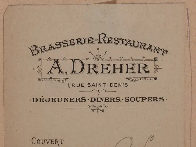 The image shows an old book with a drawing of a brasserie restaurant on it. The paper has text...