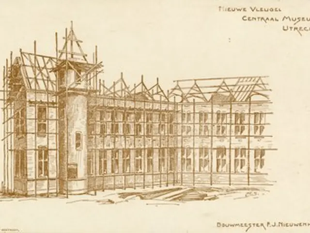 The image shows a drawing of a building under construction, with text written on the paper. The...