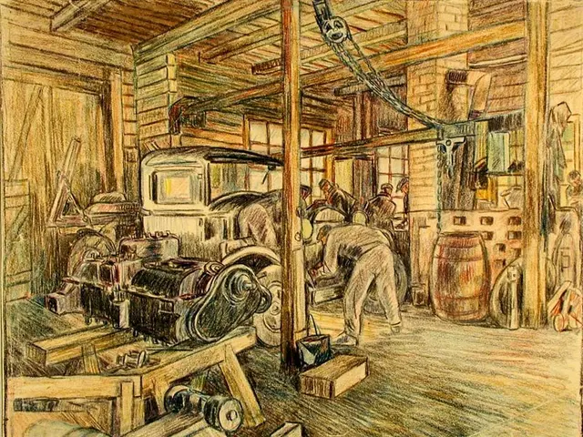 The image shows a drawing of a factory with people working on a machine, surrounded by wooden...