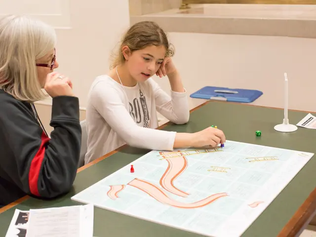 The image shows a woman and a young girl sitting at a table playing a board game. On the table...