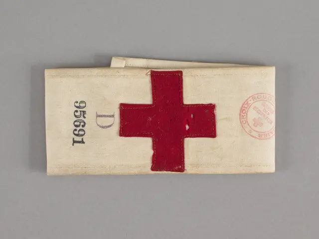 The image shows a first-aid kit with a red cross on it, placed on a surface. The kit consists of a...