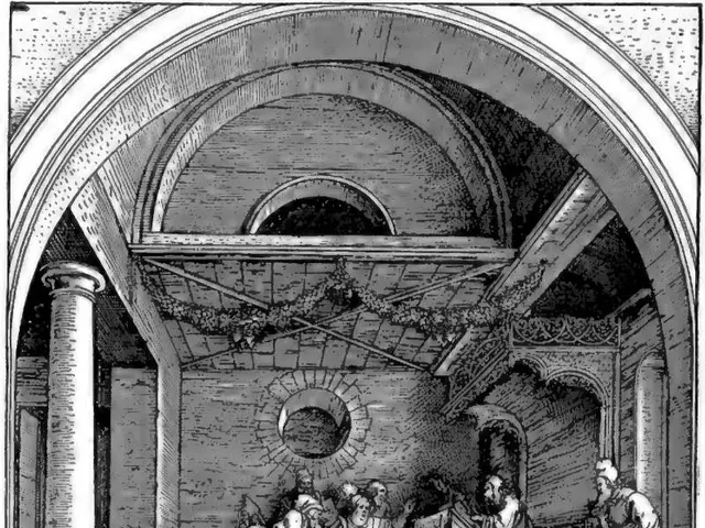 The image shows a black and white engraving of a group of people in a church, with some standing...