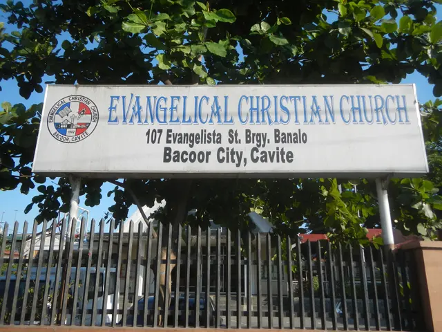 The image shows an evangelical Christian church in Bacoor City, Cavite, with a board with text on...