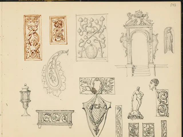 The image shows a book with a variety of designs on it, including sketches of people, sculptures,...