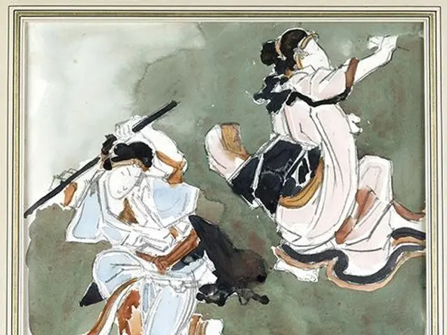 The image shows a painting of two women in white and black dresses, one of whom is holding a sword,...