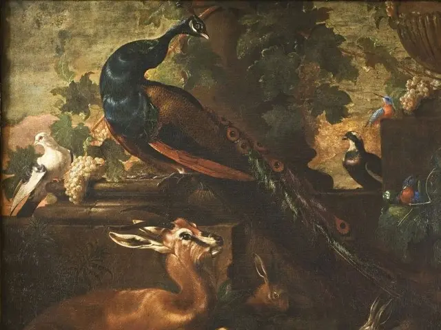 The image shows a painting of a peacock and a deer in a wooded landscape, surrounded by trees and...