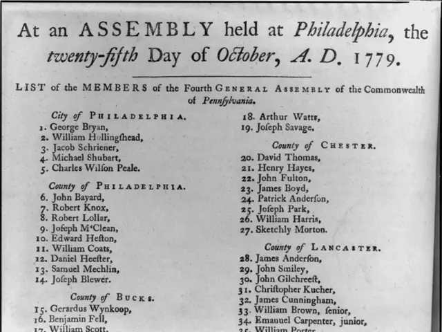 The image shows a paper with the text "At an Assembly Held at Philadelphia, the Twenty-Fifth Day of...