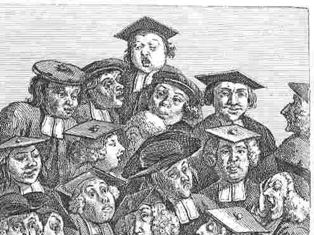 The image shows a black and white engraving of a group of people wearing graduation robes and hats,...