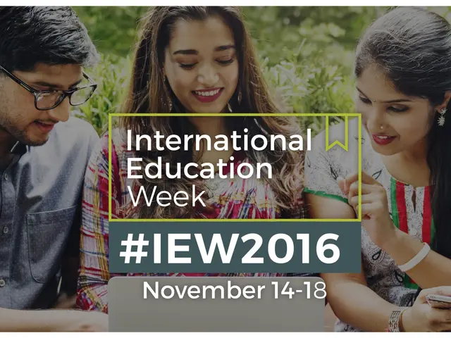 The image shows a group of people gathered around a laptop with the words "International Education...