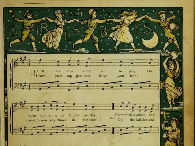 The image shows a paper with a picture of a group of children dancing joyfully, accompanied by a...