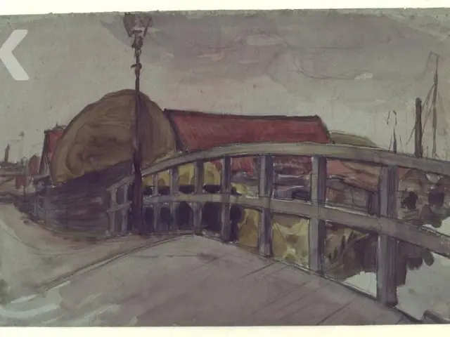 The image shows a painting of a bridge over a body of water, with buildings, poles, and a sky in...