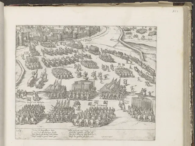 The image shows an open book with a drawing of a large group of people on it. The book is placed on...