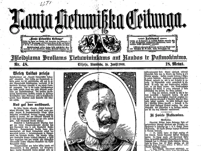 The image shows the front page of a newspaper with a black and white photo of a man in a suit and...