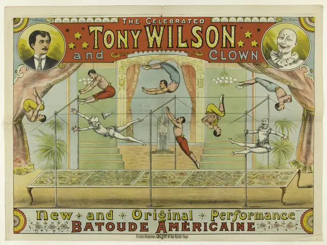 The image shows a poster of Tony Wilson and the Clown, with a few people performing acrobatics on...