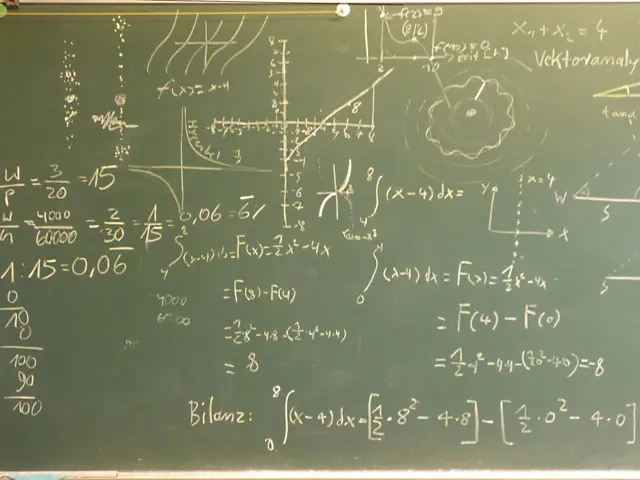 The image shows a blackboard with formulas written on it in a classroom. The board is filled with...