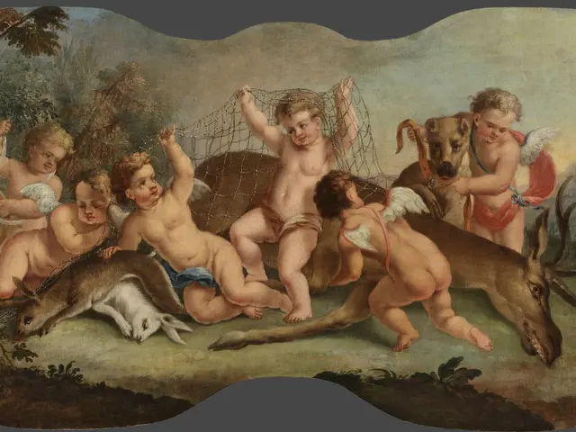 The image shows a painting of a group of children playing with animals in a wooded area, surrounded...