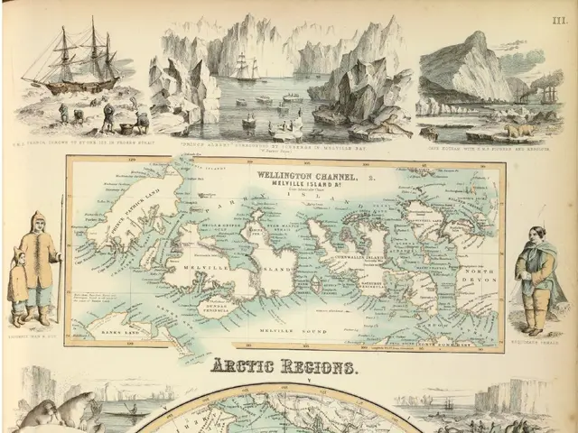 The image shows an old book with a map of the Arctic region on it. The map is filled with pictures...