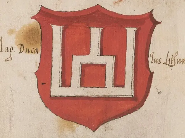 The image shows a painting of a red and white shield with the letter 'H' on it, which is believed...