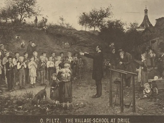 The image shows a village school at drill, with a group of people standing on the ground, a dog, a...