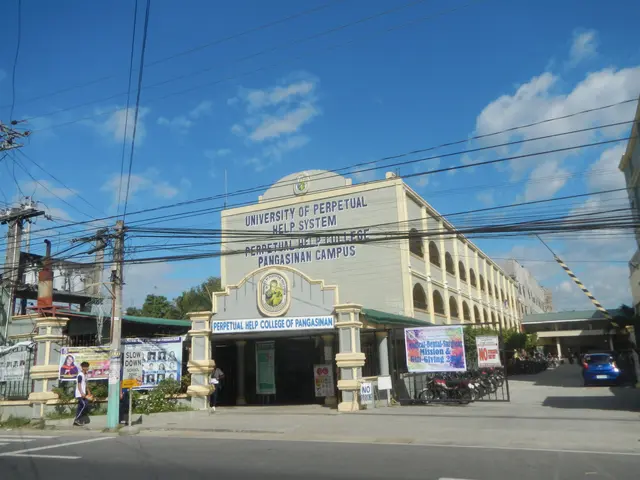 The image shows the University of Perpetual Help System in Pasig, with buildings, motor vehicles on...
