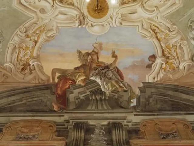 The image shows a painting on the ceiling of a building with a clock, sculptures, and red curtains...