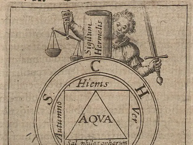The image shows an old book with a drawing of a man holding a sword and a scale of justice, with...