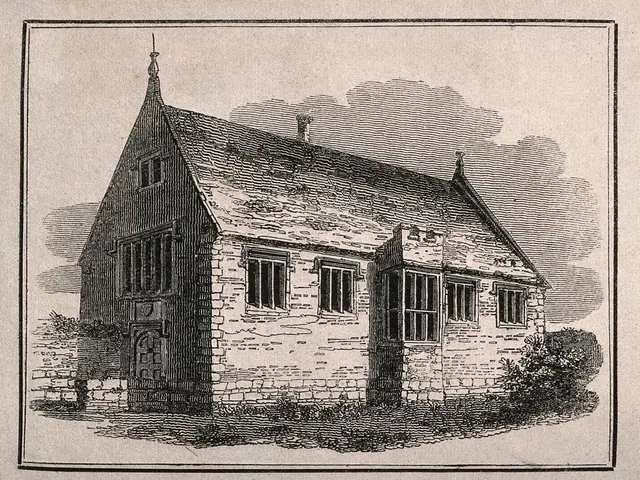 The image shows a paper with a drawing of a house, plants, and text that reads "Grammar School at...