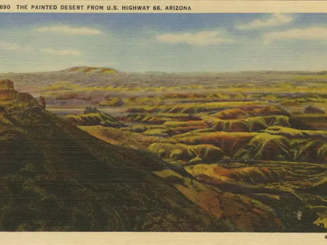 The image shows a painting of the painted desert from U.S. Highway 66 in Arizona. The painting...