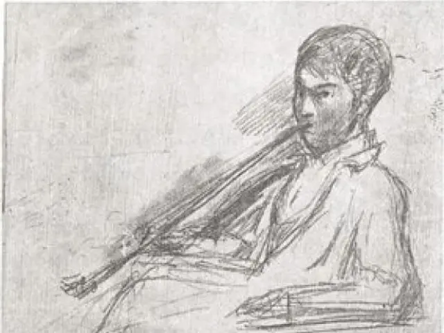 The image shows a sketch of a woman sitting at a table, playing a violin. She is wearing a white...