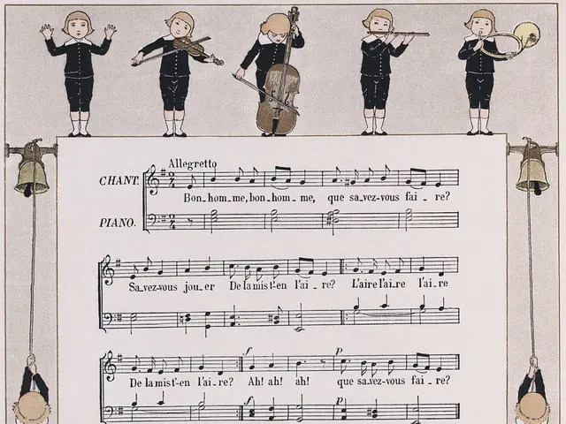 The image shows a paper with a drawing of a group of children playing musical instruments,...