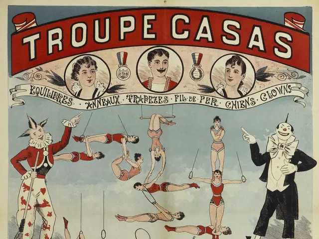 The image shows a poster advertising a circus in Paris, France. It features pictures of people,...