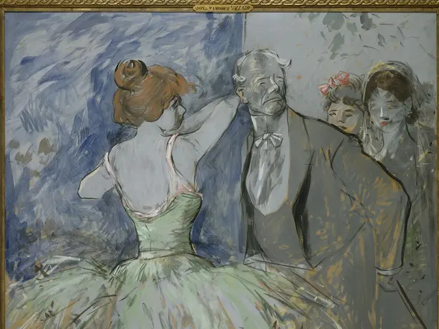 The image shows a painting of a man and a woman in a green dress, framed in a photo frame. The...