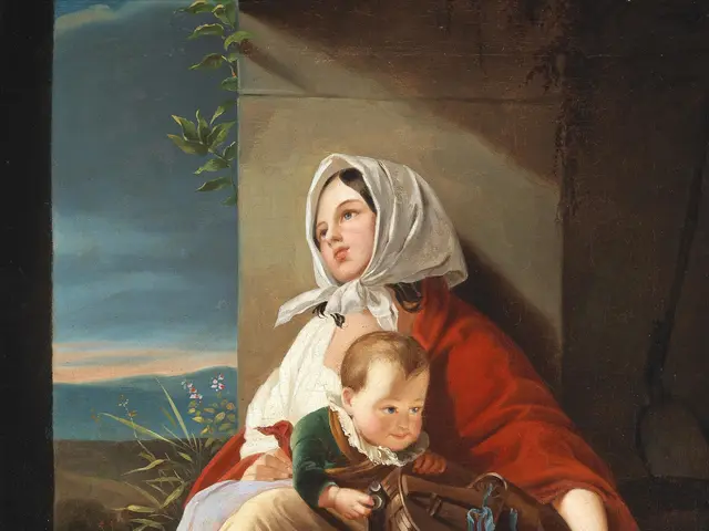 The image shows a painting of a woman holding a baby in her arms, with a cloth draped over her...