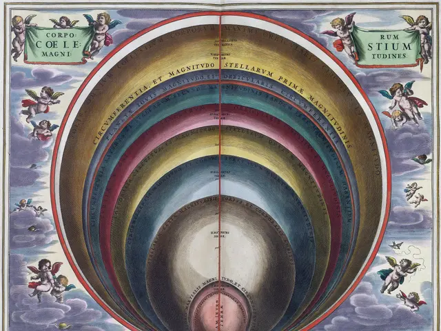 The image shows a book with a diagram of the planets in the sky, surrounded by clouds and angels....