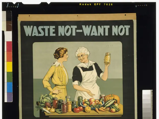 The image shows a poster with two women standing in front of a table filled with vegetables and...