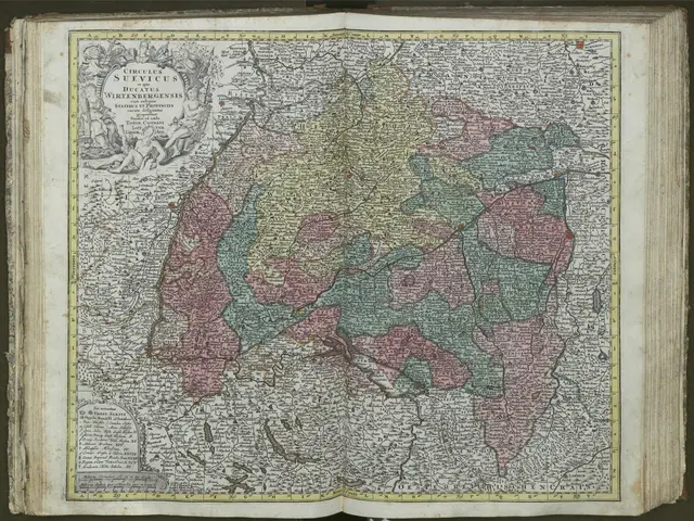 The image shows an open book with a map of Germany on it. The map is detailed and shows the various...