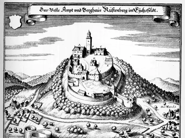 The image shows a black and white drawing of a castle on top of a hill, surrounded by trees and...