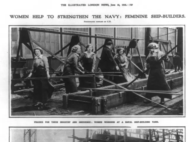 The image shows a black and white photo of a group of women working on a ship, surrounded by metal...