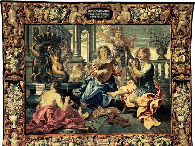 The image shows a tapestry with a painting of a group of people playing musical instruments,...