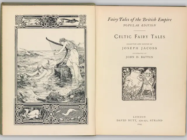 The image shows an open book with a drawing of a Celtic fairy tale on the cover. The book is placed...