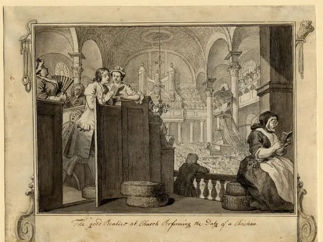 The image shows a group of people standing in front of a church, with a woman sitting on a chair...