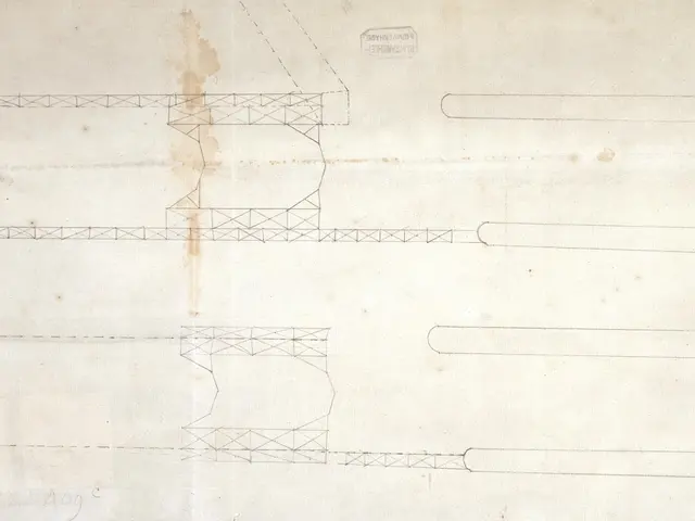 The image shows a drawing of a building with a lot of lines on it, which is believed to be a plan...