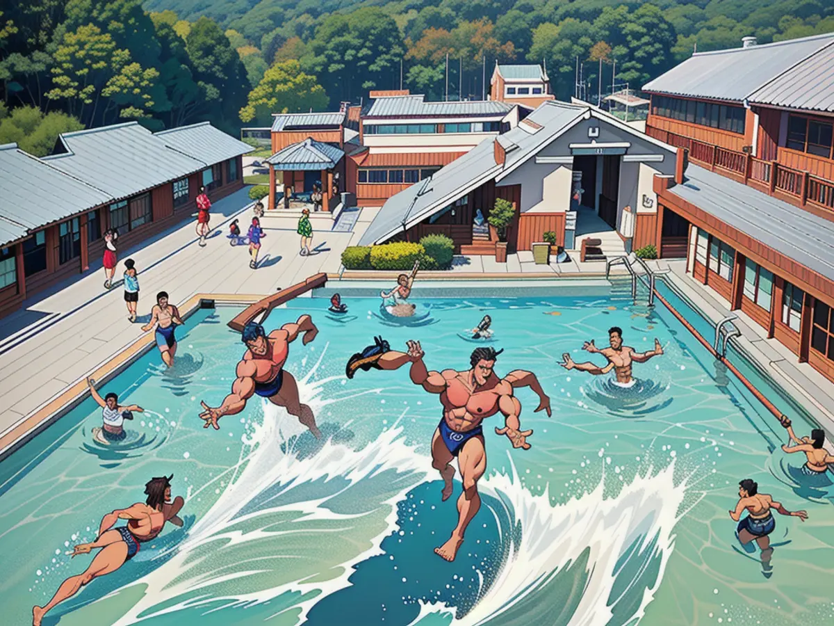 At a vibrant themed resort nestled in Yangju, South Korea, guests relish their time by the pool.